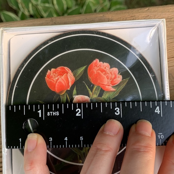Set of 6 round coasters made in England. Peony design on black. Un-opened - Picture 5 of 6